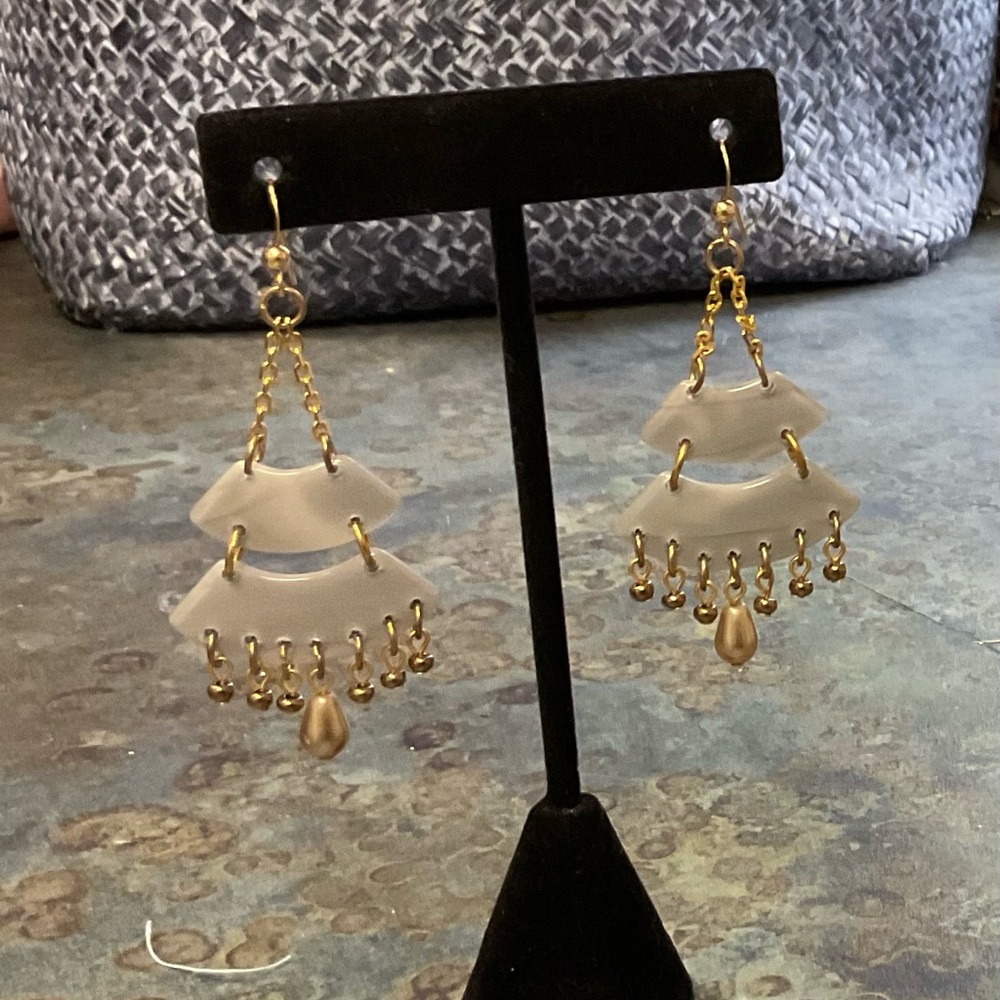 Gold and Frosted light Grey Chandelier Drop Earrings - Unbranded